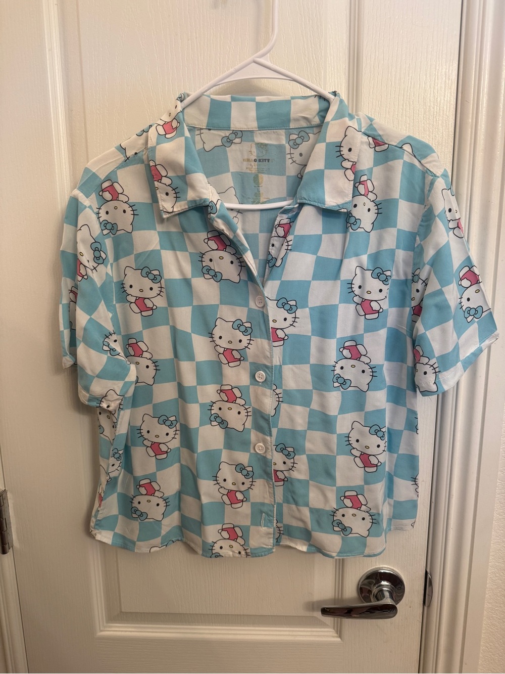 Hello Kitty Blue and White Check Button-Up Shirt
